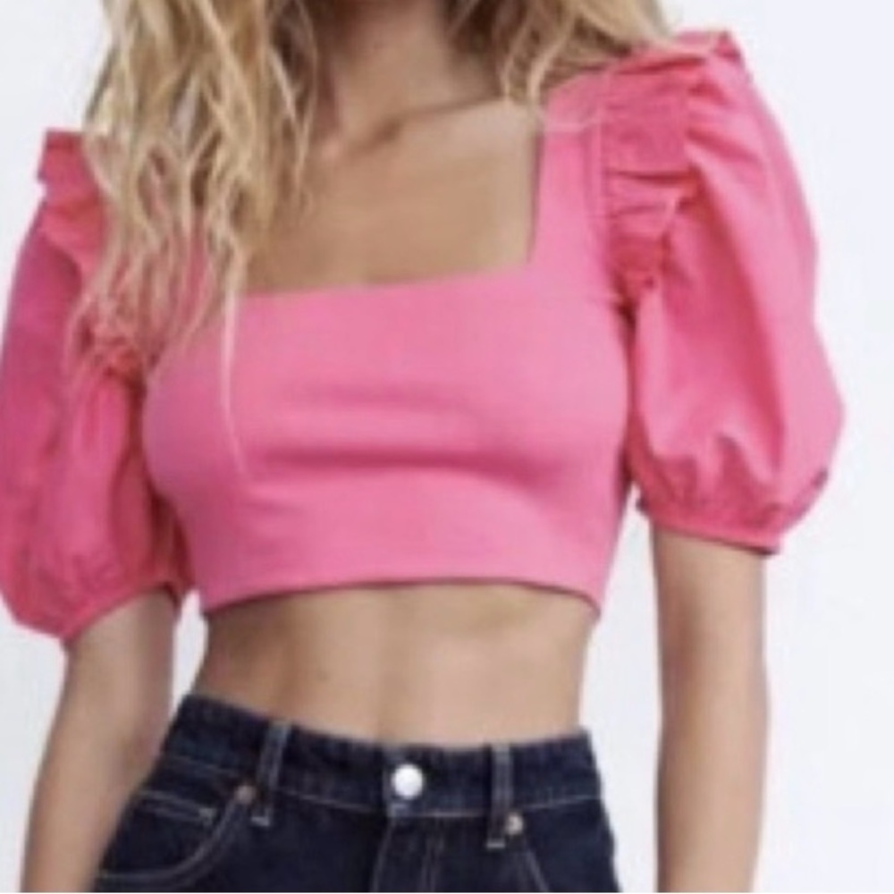 Zara Fuchsia Puff Sleeve Cropped Blouse